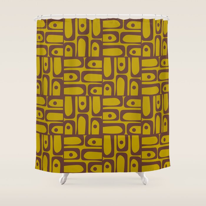 Eclectic Mid Century Modern Piquet Multi Pattern in Chartreuse Olive and Brown Shower Curtain Gallery Image 1