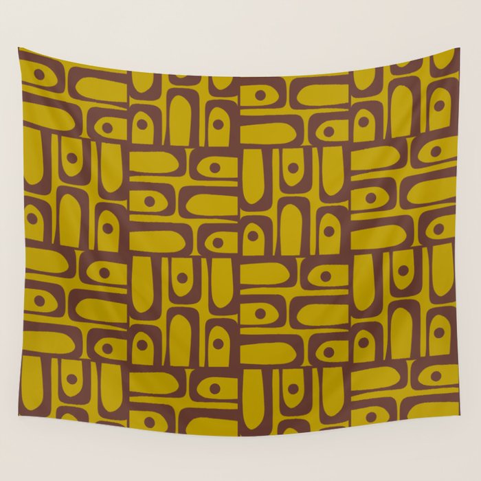 Eclectic Mid Century Modern Piquet Multi Pattern in Chartreuse Olive and Brown Wall Tapestry Gallery Image 1