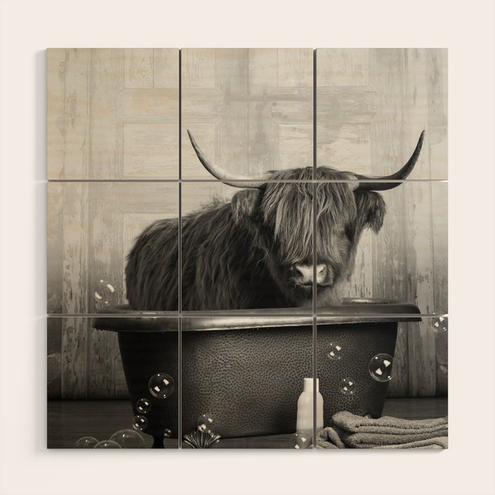 Highland Cow in the Tub Wood Wall Art Gallery Image 1