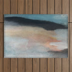 Dawn: a minimal abstract acrylic piece in pink, blues, yellow, and white Outdoor Rug Gallery Image 1