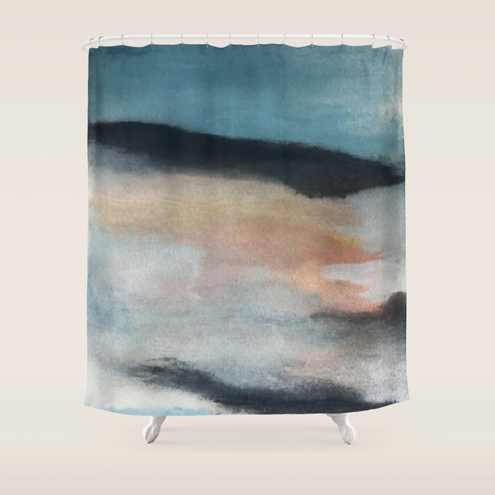 Dawn: a minimal abstract acrylic piece in pink, blues, yellow, and white Shower Curtain Gallery Image 1