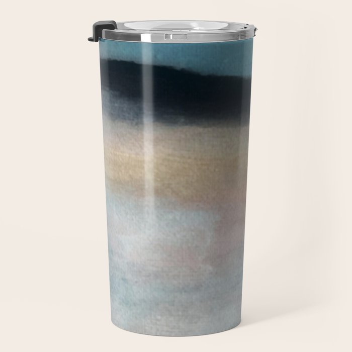 Dawn: a minimal abstract acrylic piece in pink, blues, yellow, and white Travel Mug Gallery Image 3