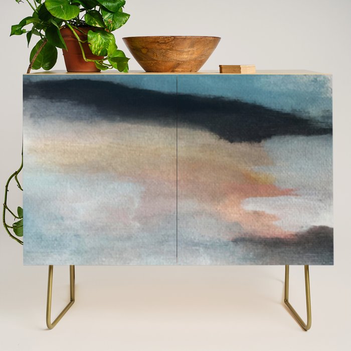 Dawn: a minimal abstract acrylic piece in pink, blues, yellow, and white Credenza Gallery Image 1