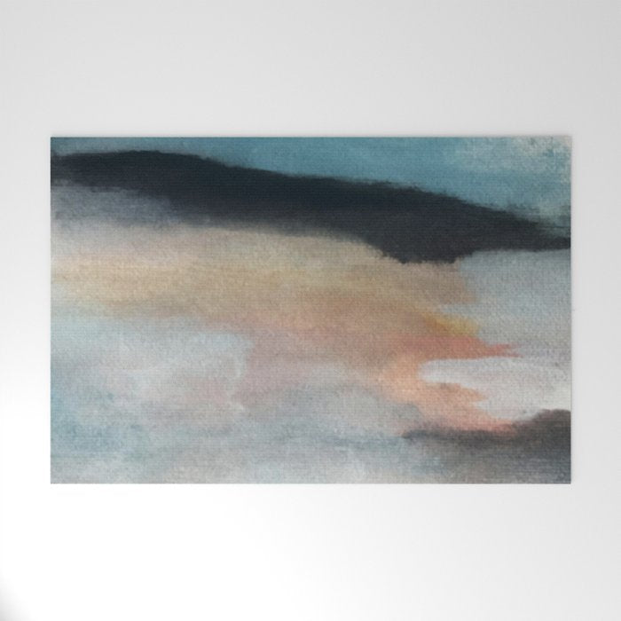 Dawn: a minimal abstract acrylic piece in pink, blues, yellow, and white Welcome Mat Gallery Image 1