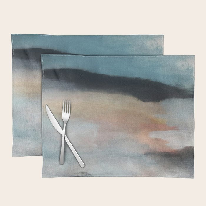 Dawn: a minimal abstract acrylic piece in pink, blues, yellow, and white Placemat Gallery Image 1
