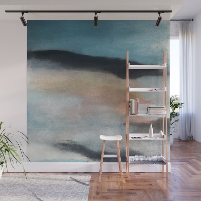 Dawn: a minimal abstract acrylic piece in pink, blues, yellow, and white Wall Mural Gallery Image 1