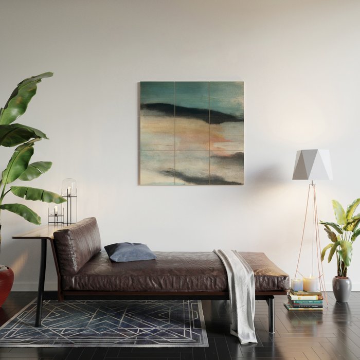 Dawn: a minimal abstract acrylic piece in pink, blues, yellow, and white Wood Wall Art Gallery Image 2