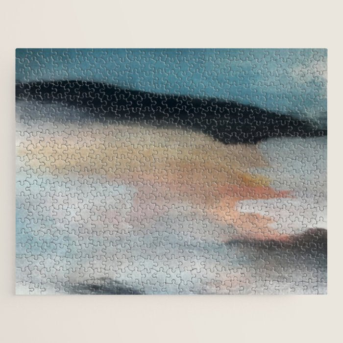 Dawn: a minimal abstract acrylic piece in pink, blues, yellow, and white Jigsaw Puzzle Gallery Image 1