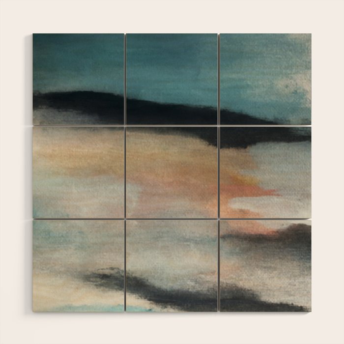 Dawn: a minimal abstract acrylic piece in pink, blues, yellow, and white Wood Wall Art Gallery Image 1