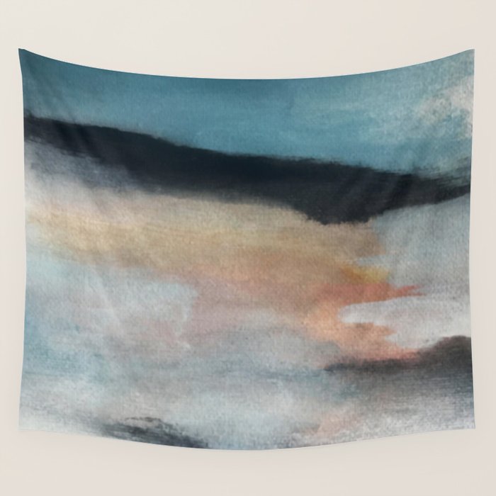 Dawn: a minimal abstract acrylic piece in pink, blues, yellow, and white Wall Tapestry Gallery Image 1