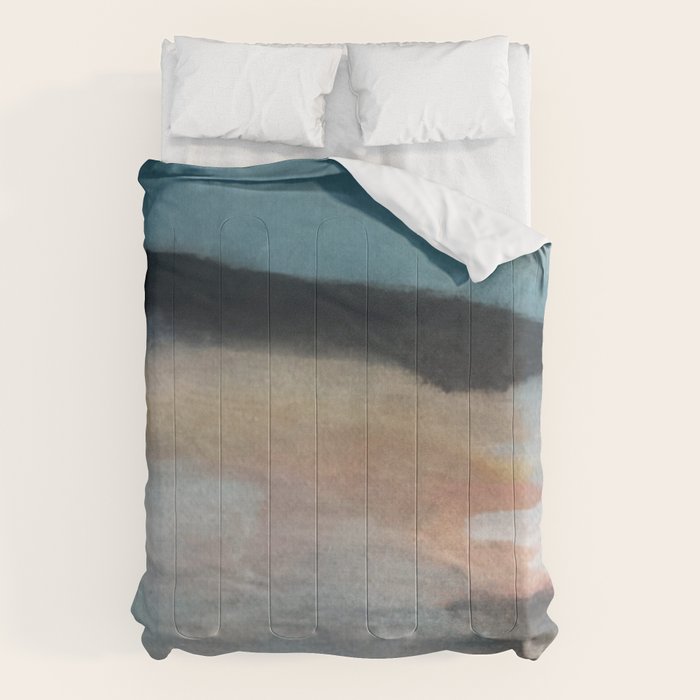 Dawn: a minimal abstract acrylic piece in pink, blues, yellow, and white Comforter Gallery Image 1