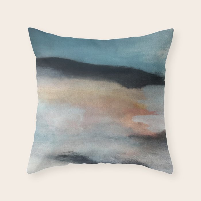 Dawn: a minimal abstract acrylic piece in pink, blues, yellow, and white Throw Pillow Gallery Image 6