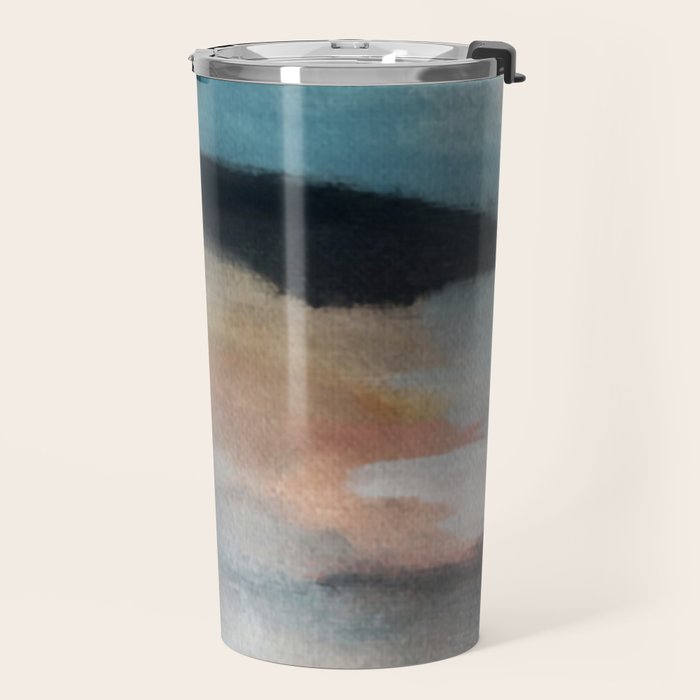 Dawn: a minimal abstract acrylic piece in pink, blues, yellow, and white Travel Mug Gallery Image 2