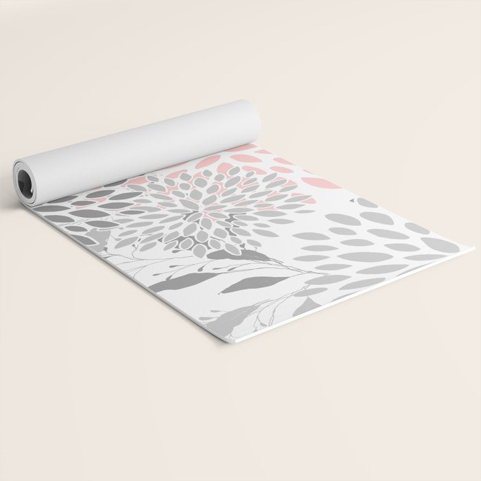 Festive, Floral Prints, Leaves and Blooms, Pink, Gray and White Yoga Mat Gallery Image 2