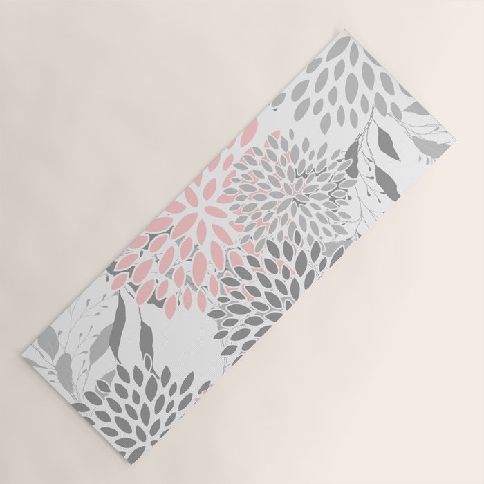 Festive, Floral Prints, Leaves and Blooms, Pink, Gray and White Yoga Mat Gallery Image 1