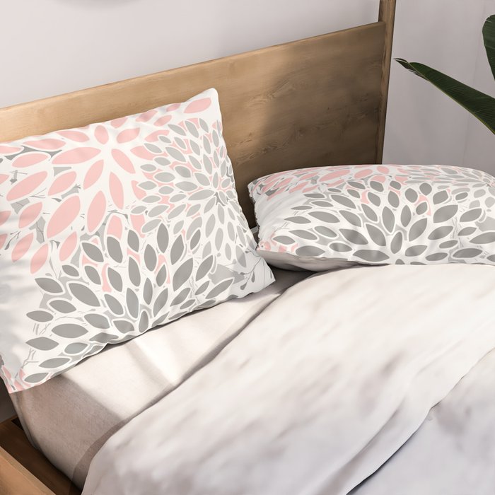 Festive, Floral Prints, Leaves and Blooms, Pink, Gray and White Pillow Sham Gallery Image 2