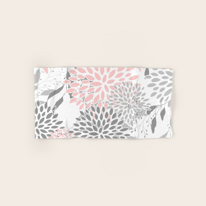Festive, Floral Prints, Leaves and Blooms, Pink, Gray and White Bath Towel Gallery Image 1
