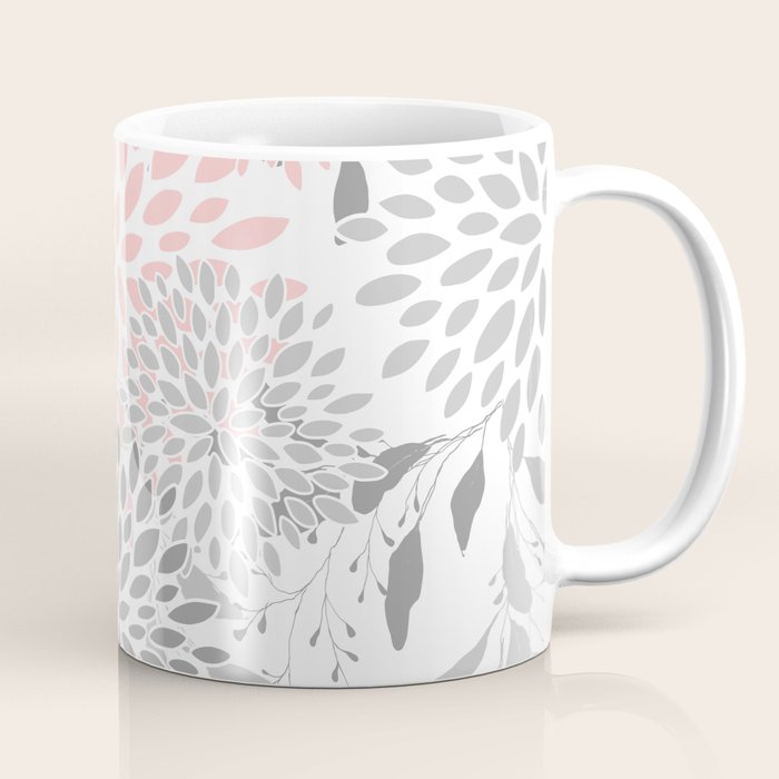 Festive, Floral Prints, Leaves and Blooms, Pink, Gray and White Coffee Mug Gallery Image 1