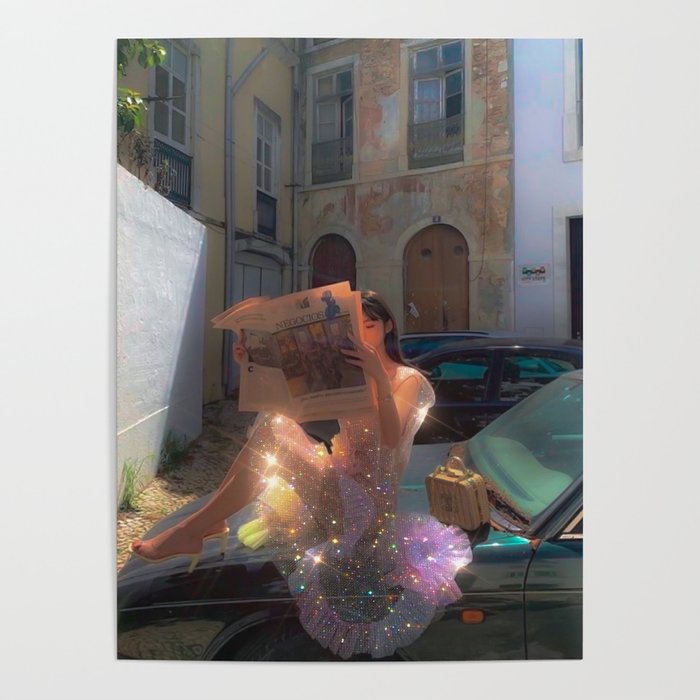 READING THE NEWSPAPER | read | collage | fashion | style | girl | dress | pink | glitter | sunshine  Poster Gallery Image 1