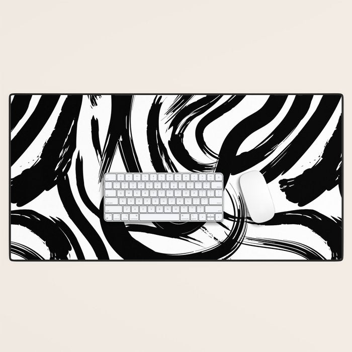 Abstract black and white paint brush stroke pattern Desk Mat Gallery Image 1