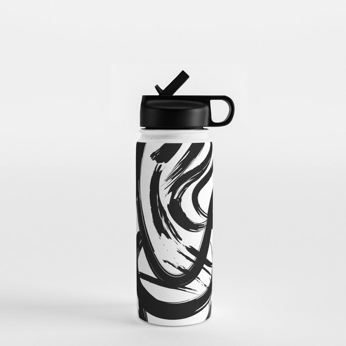 Abstract black and white paint brush stroke pattern Water Bottle Gallery Image 1