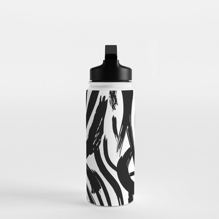 Abstract black and white paint brush stroke pattern Water Bottle Gallery Image 3
