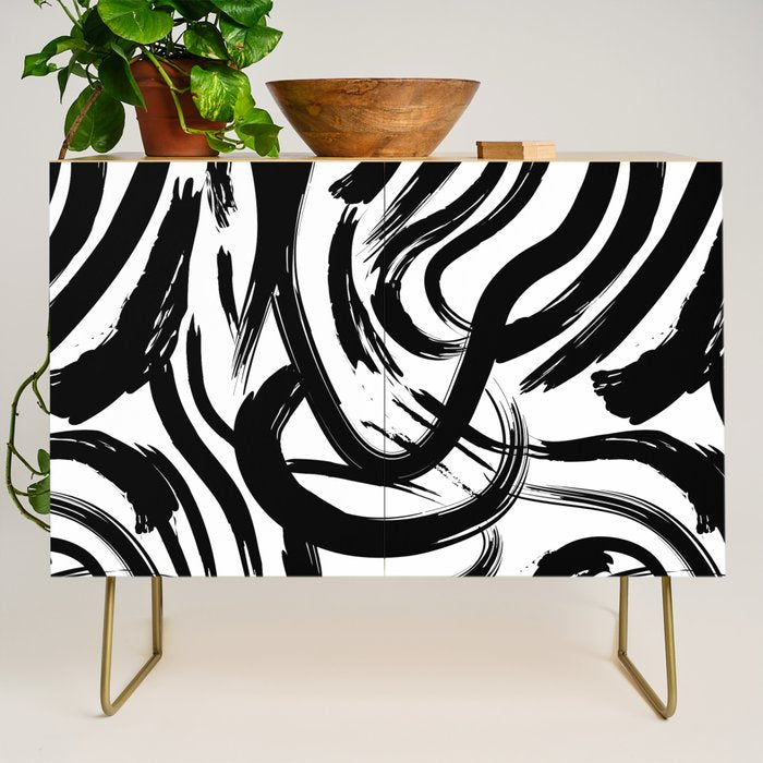 Abstract black and white paint brush stroke pattern Credenza Gallery Image 1