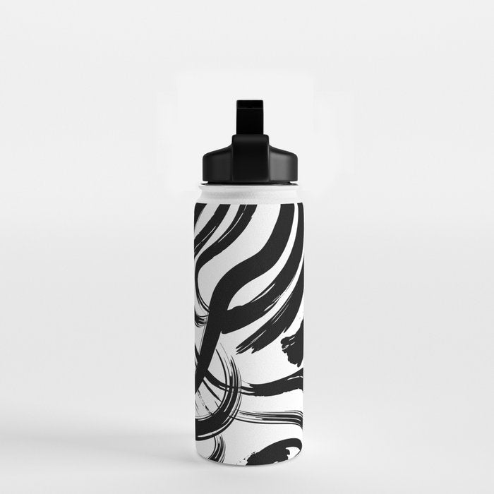Abstract black and white paint brush stroke pattern Water Bottle Gallery Image 2