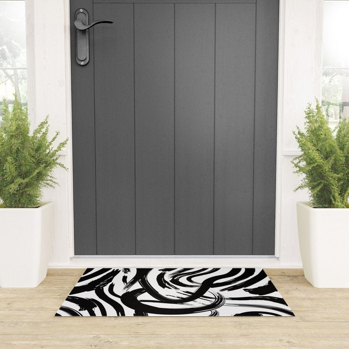 Abstract black and white paint brush stroke pattern Welcome Mat Gallery Image 3