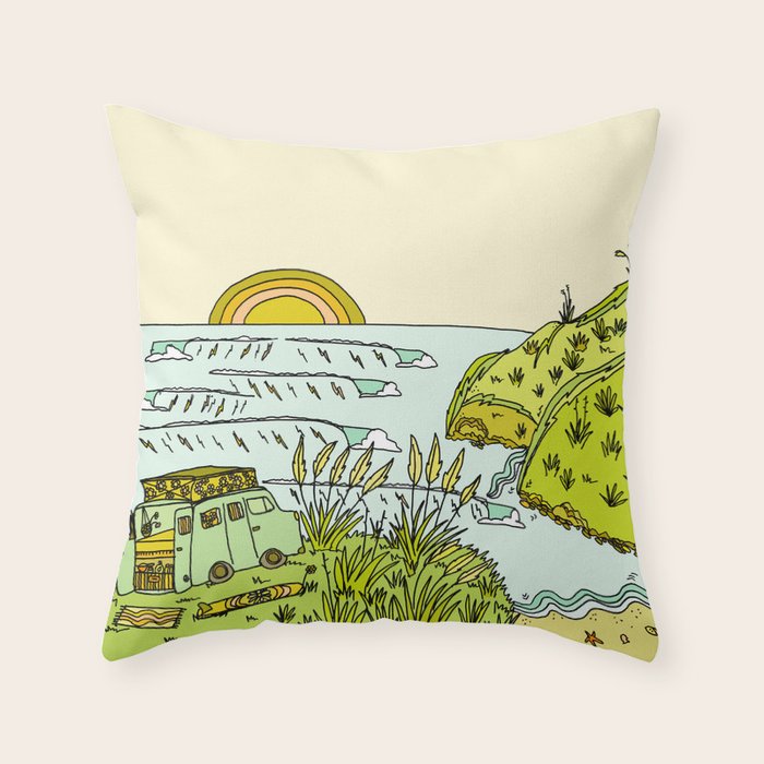 home is where you park it // wandering in new zealand // retro surf art by surfy birdy Throw Pillow Gallery Image 1