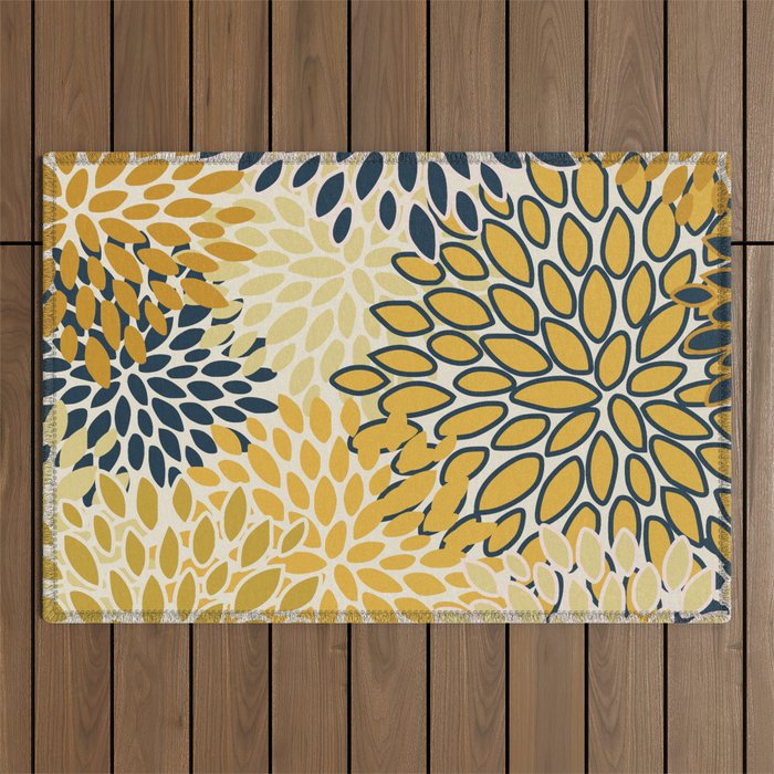 Floral Prints, Abstract Art, Navy Blue and Mustard Yellow, Outdoor Rug Gallery Image 1