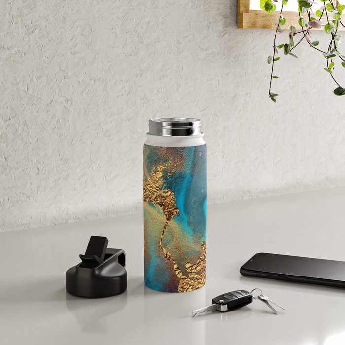 Abstract Blue And Gold Autumn Marble Water Bottle Gallery Image 4