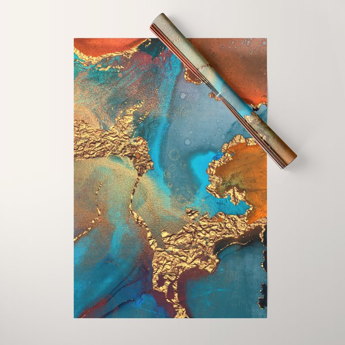 Abstract Blue And Gold Autumn Marble Wrapping Paper Gallery Image 1
