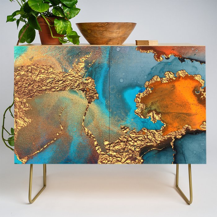 Abstract Blue And Gold Autumn Marble Credenza Gallery Image 1