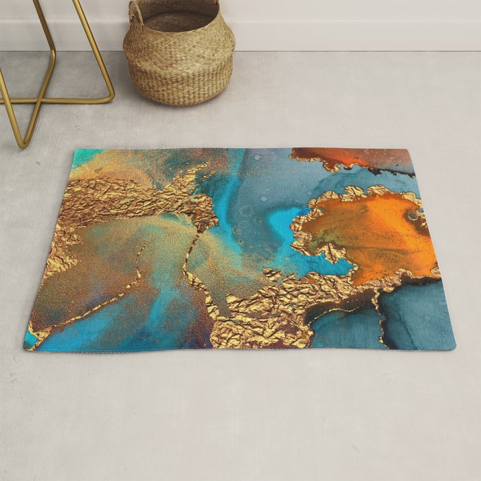 Abstract Blue And Gold Autumn Marble Rug Gallery Image 1