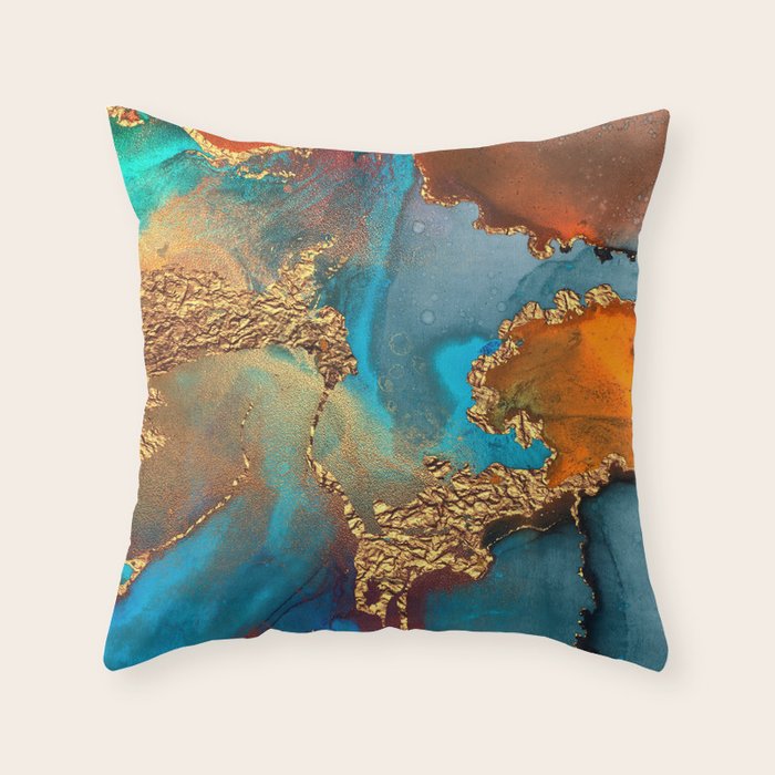 Abstract Blue And Gold Autumn Marble Throw Pillow Gallery Image 1