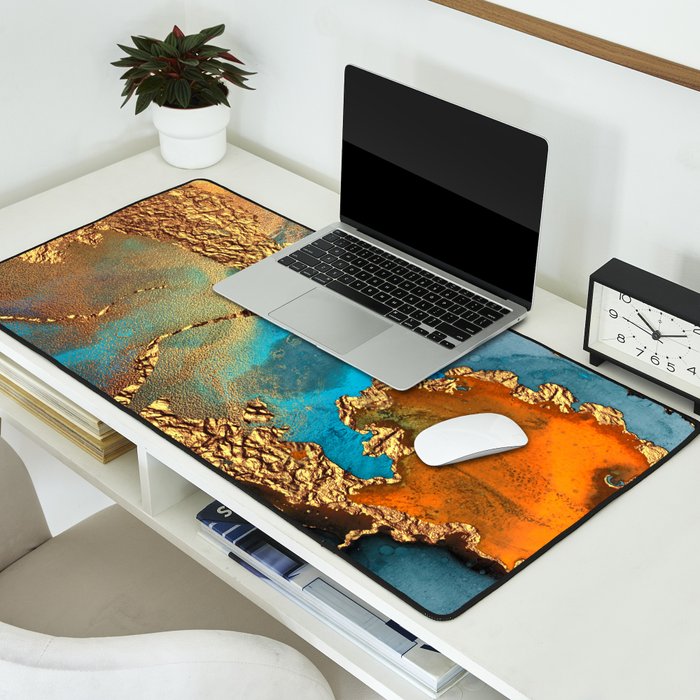 Abstract Blue And Gold Autumn Marble Desk Mat Gallery Image 2