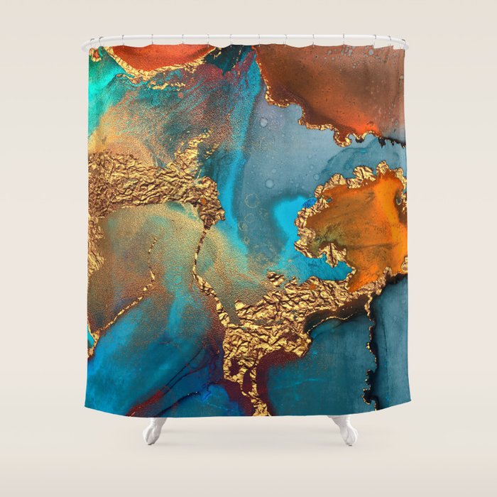 Abstract Blue And Gold Autumn Marble Shower Curtain Gallery Image 1