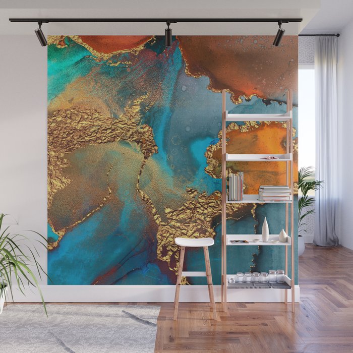 Abstract Blue And Gold Autumn Marble Wall Mural Gallery Image 1