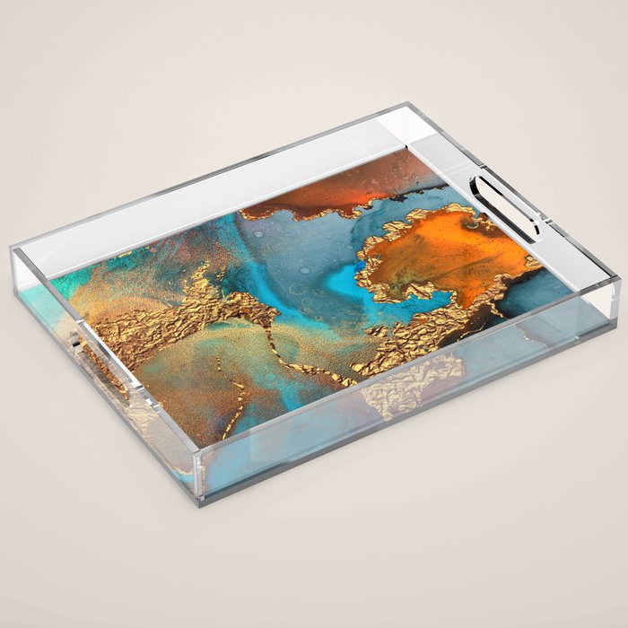 Abstract Blue And Gold Autumn Marble Acrylic Tray Gallery Image 1