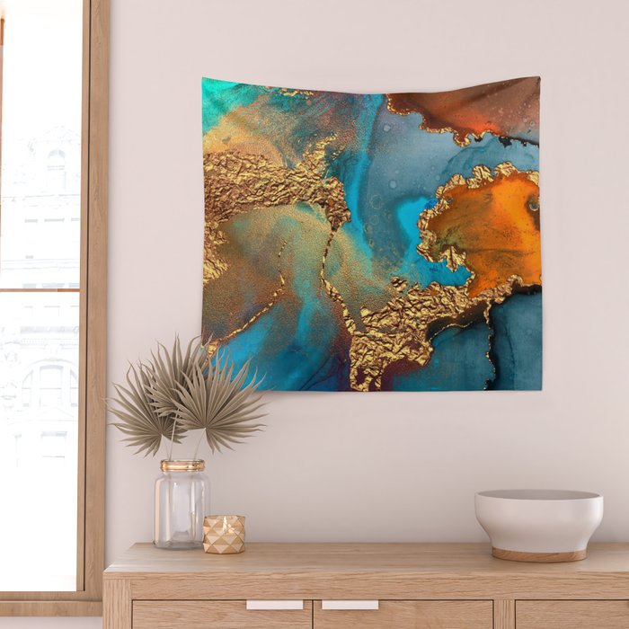 Abstract Blue And Gold Autumn Marble Wall Tapestry Gallery Image 2