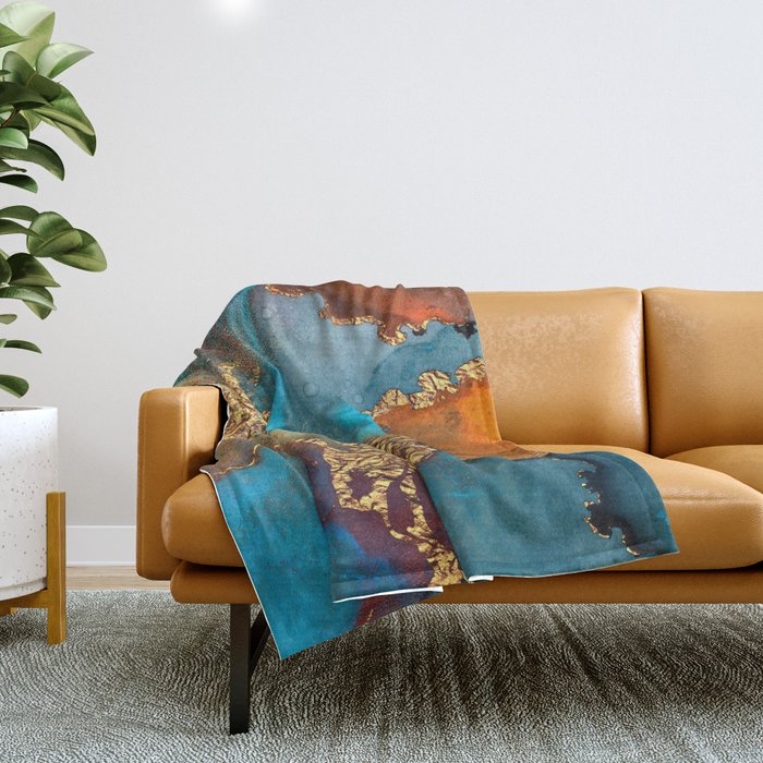 Abstract Blue And Gold Autumn Marble Throw Blanket Gallery Image 1