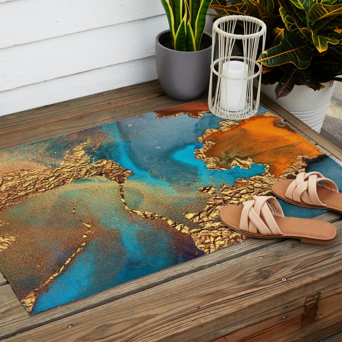 Abstract Blue And Gold Autumn Marble Outdoor Rug Gallery Image 2