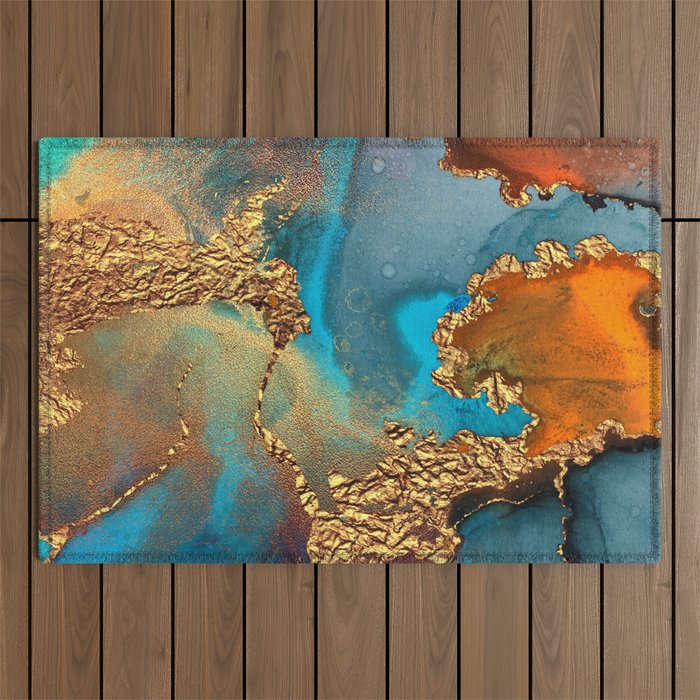 Abstract Blue And Gold Autumn Marble Outdoor Rug Gallery Image 1