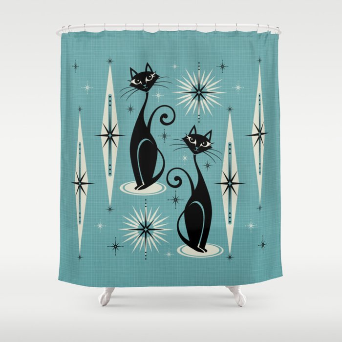 Mid Century Meow Retro Atomic Cats on Blue Shower Curtain Gallery Image 1