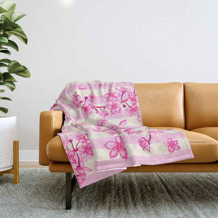 Retro Pink Cherry Blossoms Throw Blanket Gallery Image 1