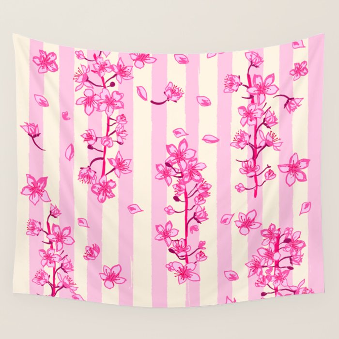 Retro Pink Cherry Blossoms Wall Tapestry Gallery Image 4