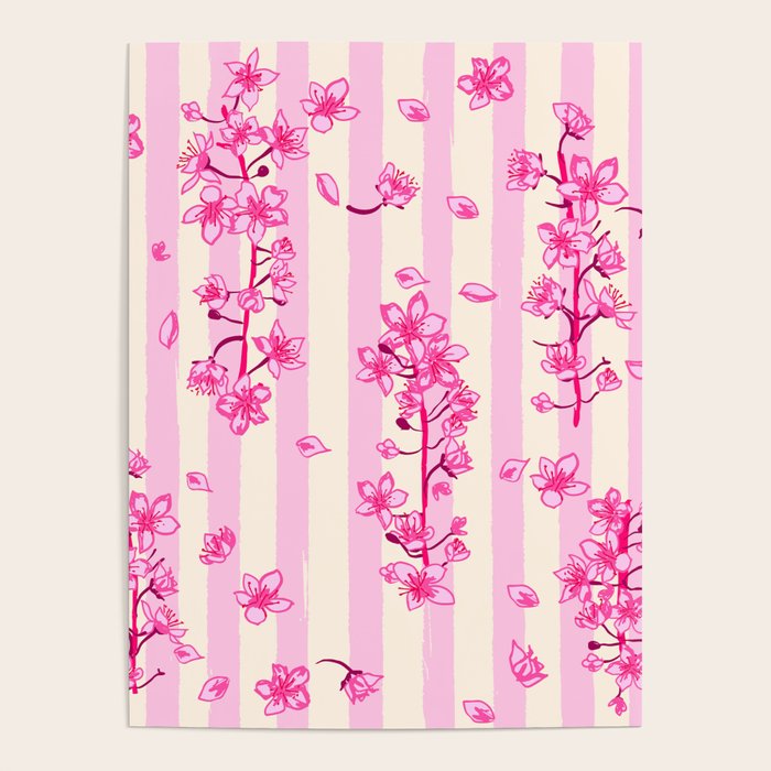 Retro Pink Cherry Blossoms Poster Gallery Image 1