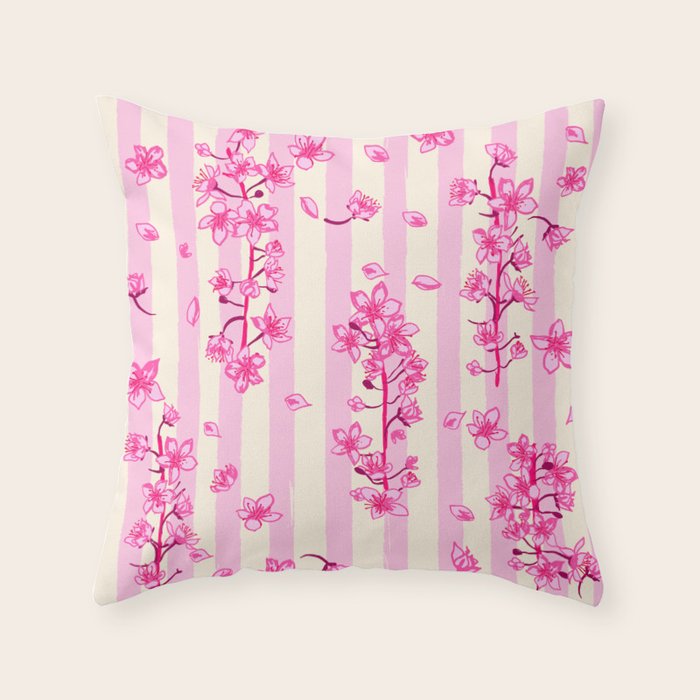 Retro Pink Cherry Blossoms Throw Pillow Gallery Image 1
