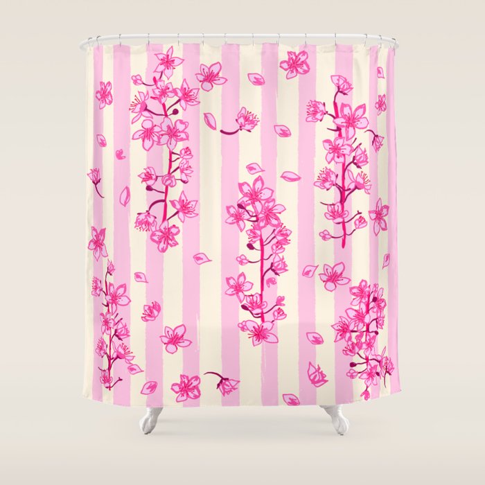 Retro Pink Cherry Blossoms Shower Curtain Gallery Image 1
